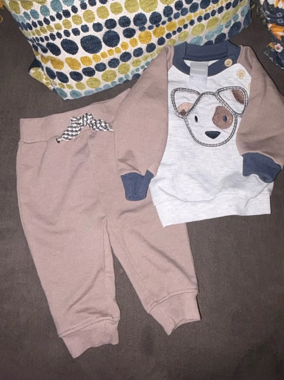 Two piece puppy dog sweatsuit set with cute warm top and cuff bottom pants